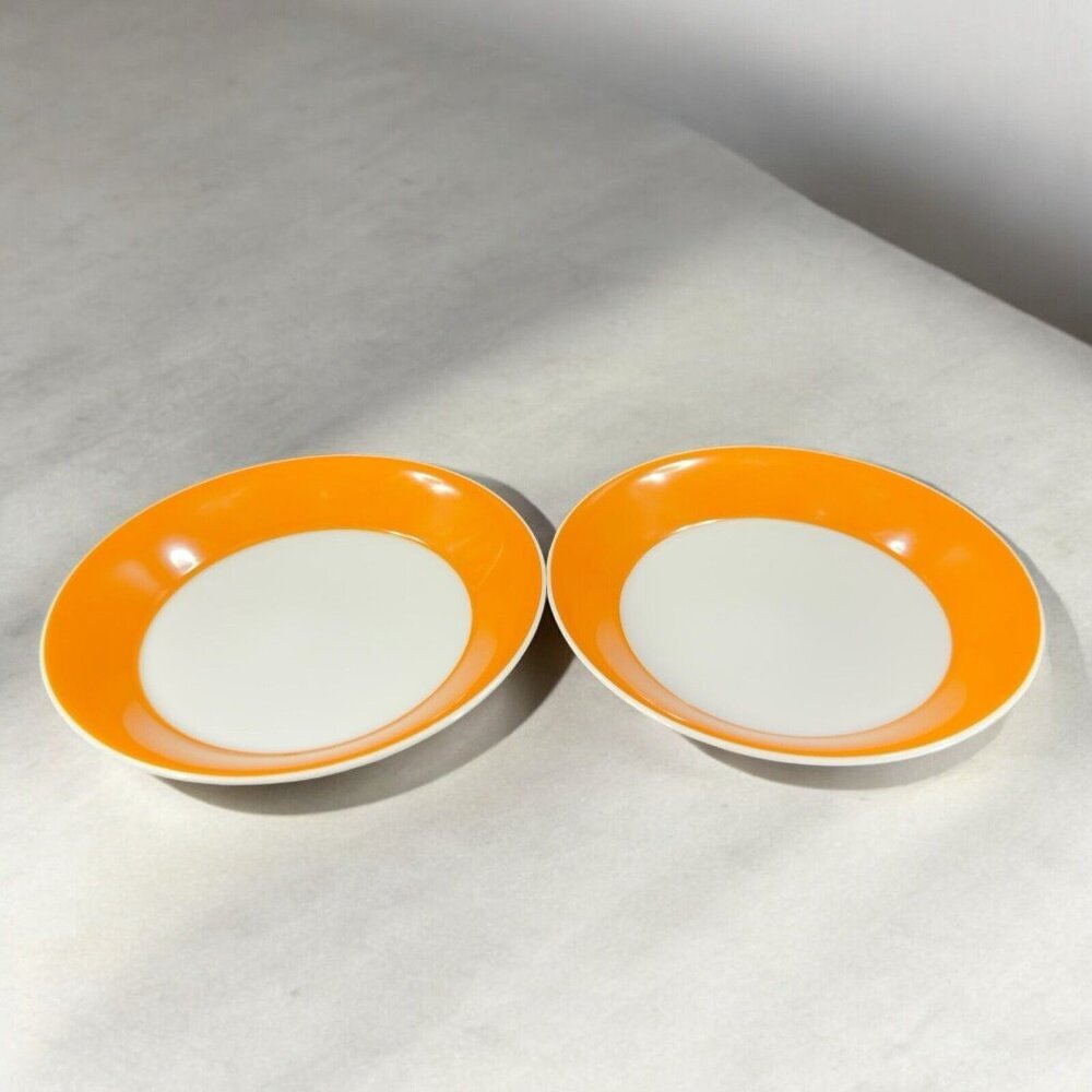 Vintage Fitz And Floyd Deep Dish Plate Set 2 Porcelain White Orange Edges Bowls